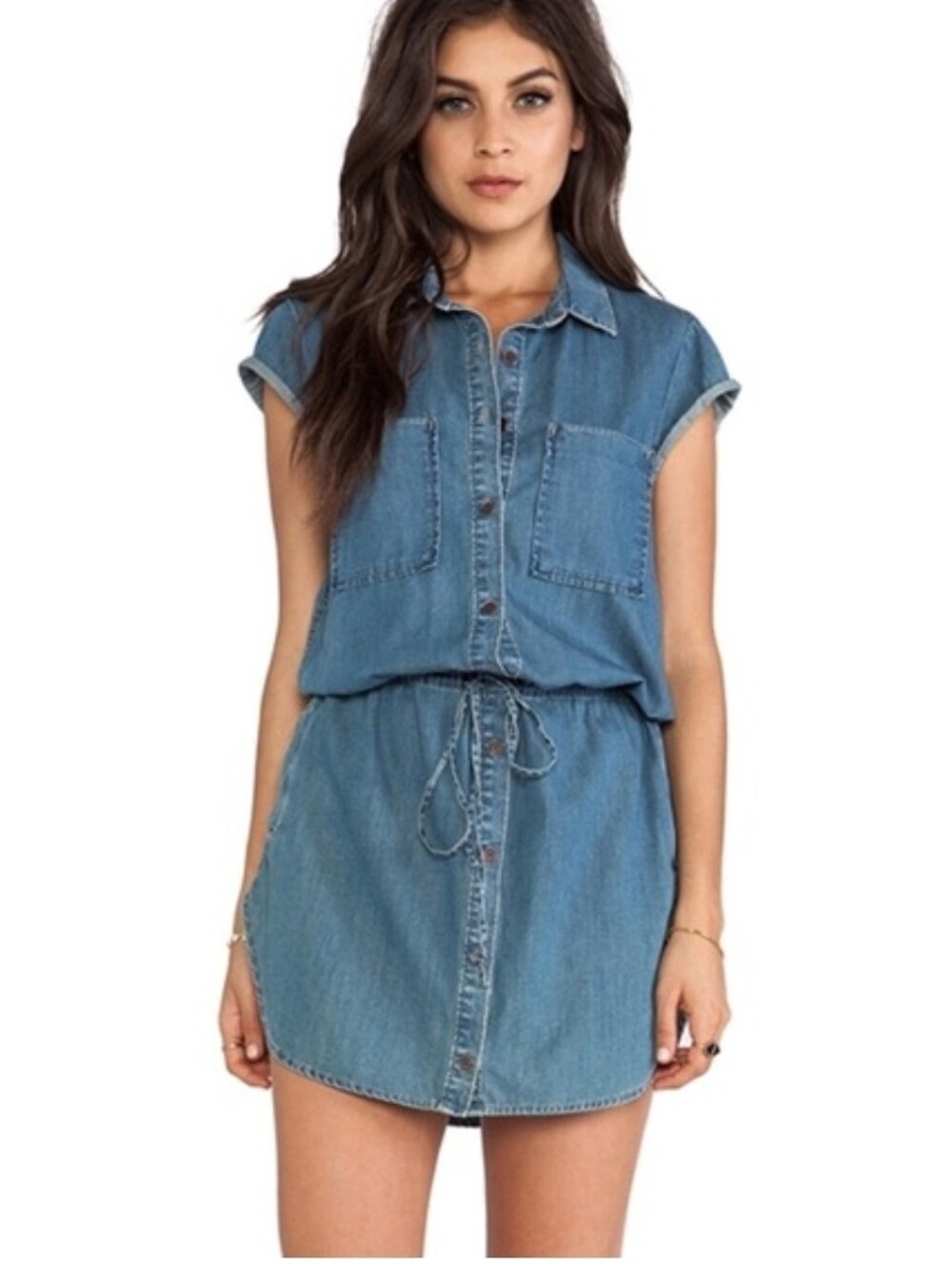PAIGE 100% Cotton Chambray Blue Denim Button Down Shirt Dress Medium Preppy